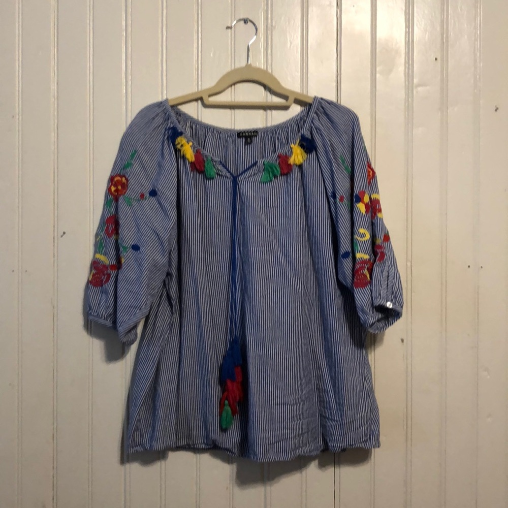 Hannah Blue and White Striped Embroidered Top